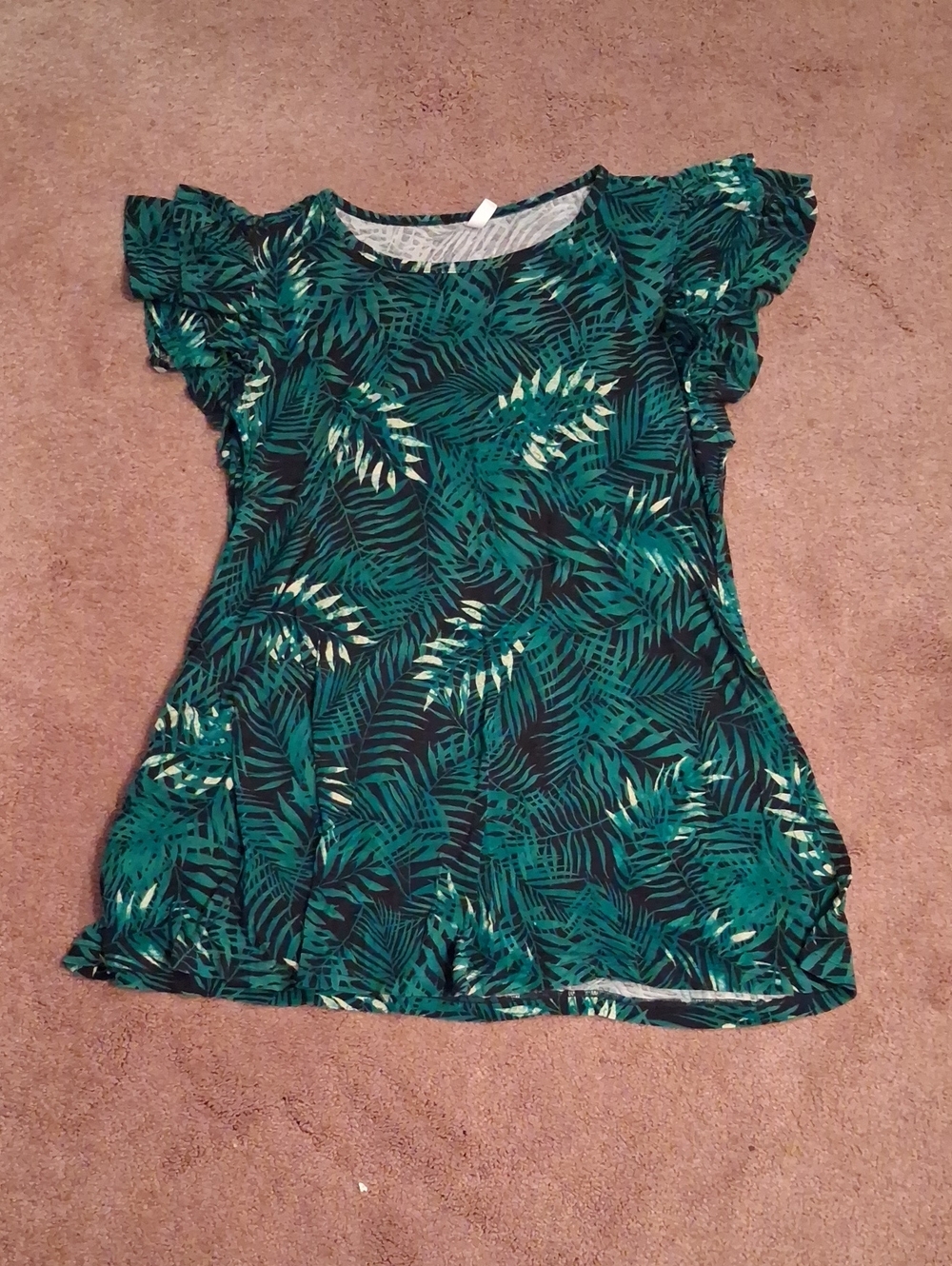Women's Green Tropical Print Flutter Sleeve Top